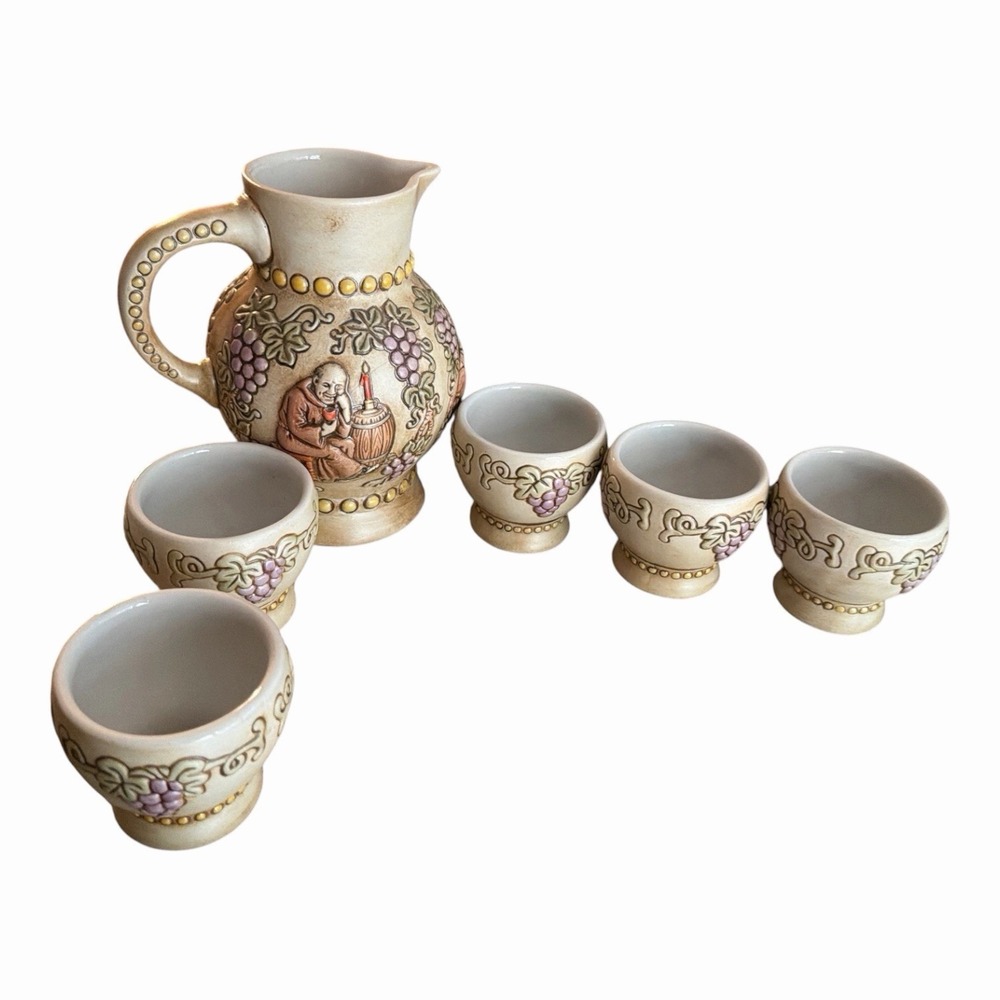 Vintage Ceramarte Ceramic Wine Pitcher 4 Cup Set Monks Grapes Brazil